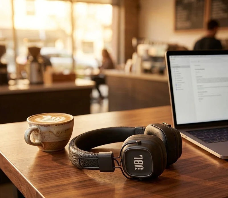 Darziq JBL Tune wireless headset with over-ear design, black color, and built-in microphone for calls and music.