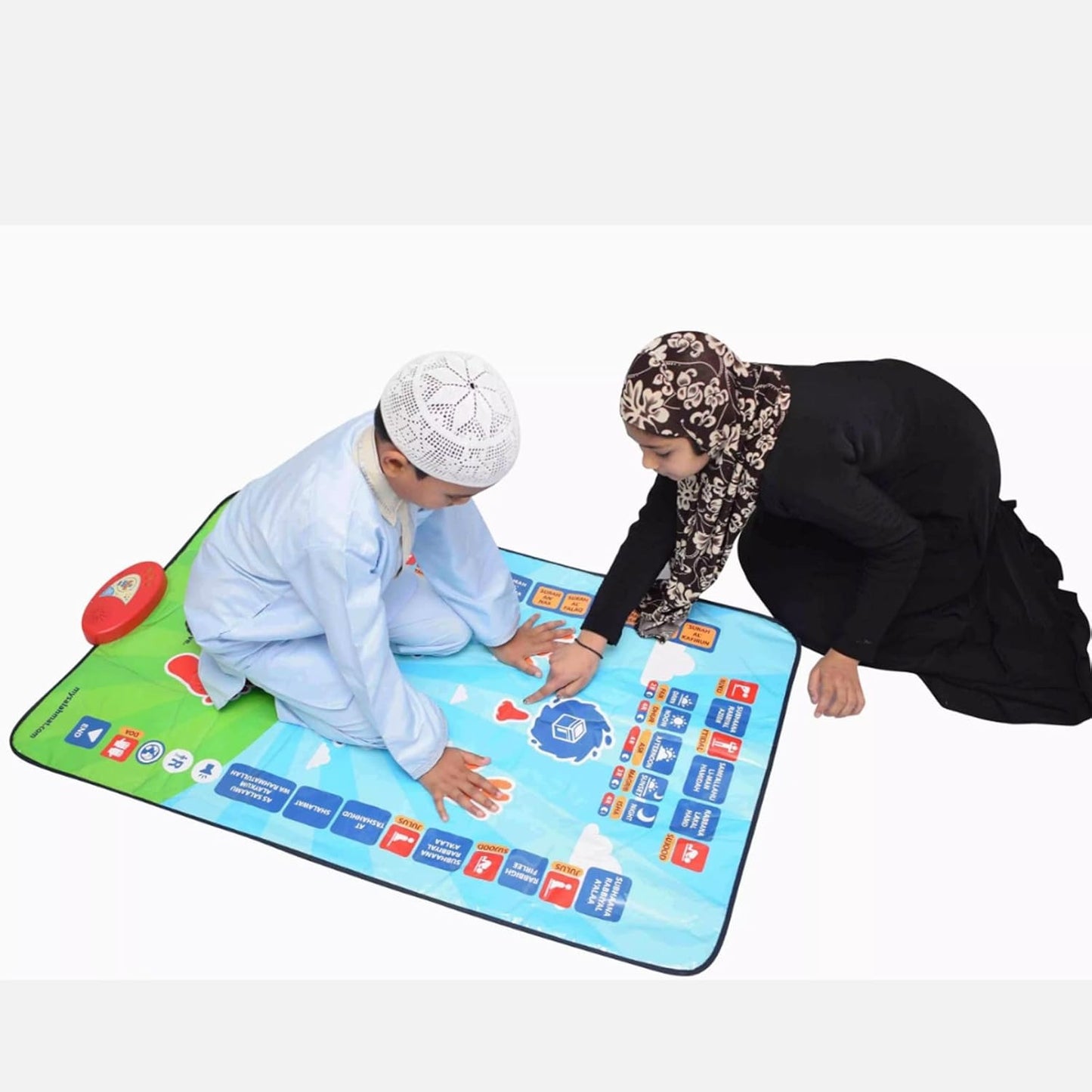 Educational smart prayer mat for kids by Darziq, featuring colorful designs and interactive learning elements for children.