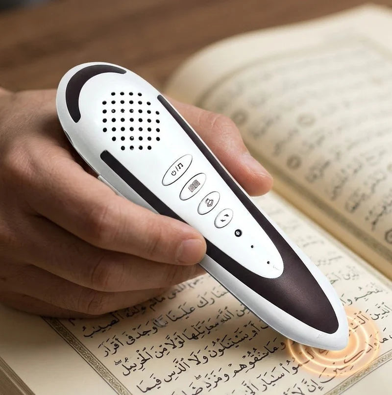 Dar Al Ghalah Quran Reading Pen by Darziq, a sleek black tech device with a digital display and ergonomic design for easy reading.