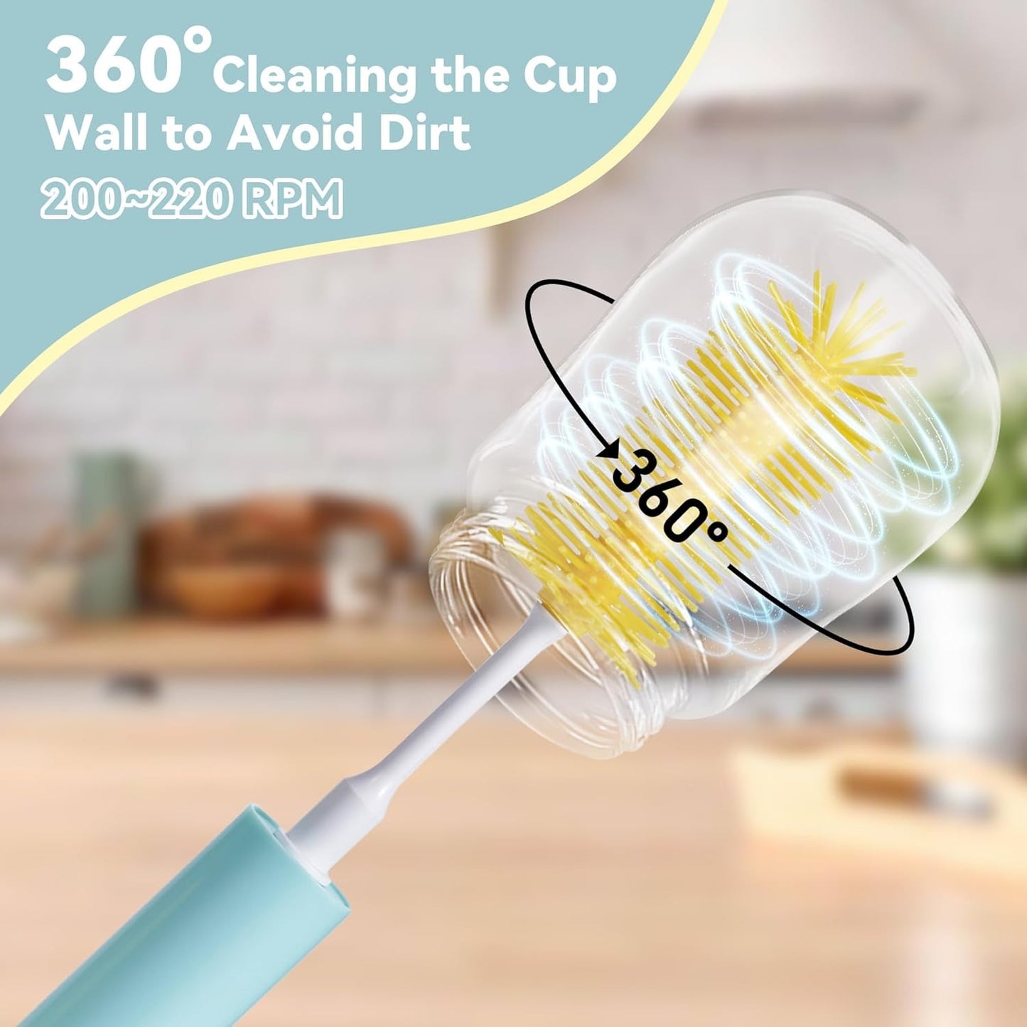 Darziq electric bottle cleaning brush with ergonomic handle and bristles, designed for thorough cleaning of baby bottles and toys