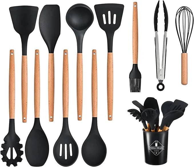 Darziq 12-piece cooking utensils set with spatulas, spoons, and tongs for home and kitchen use.