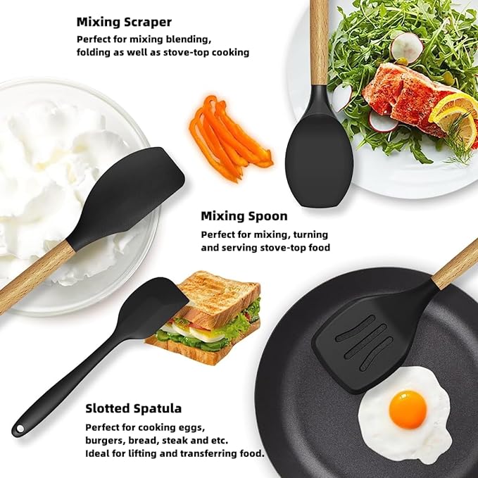 Darziq 12-piece cooking utensils set includes spatulas, spoons, and tongs for versatile kitchen use.