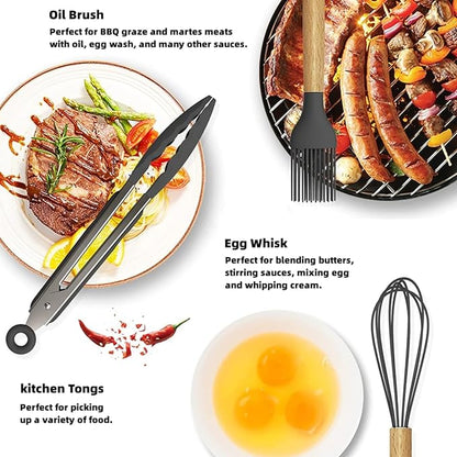 Darziq 12-piece cooking utensils set including spatulas, spoons, and tongs for home and kitchen use.
