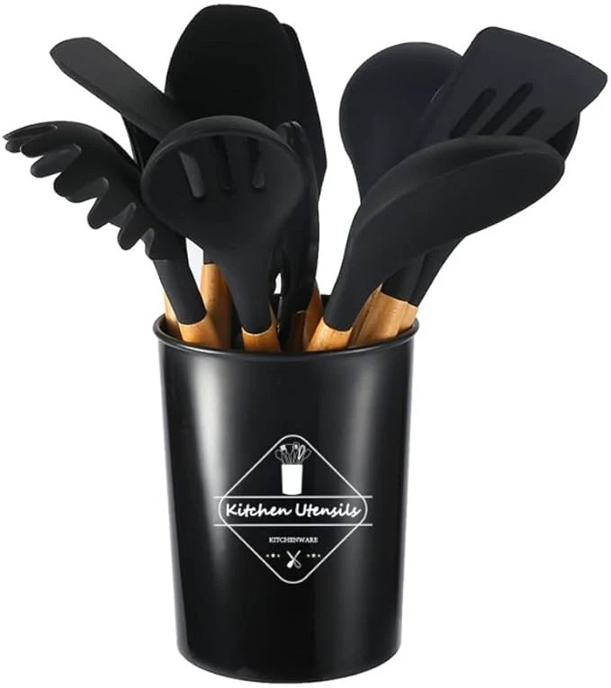 Darziq 12-piece cooking utensils set with spatulas, spoons, and ladles for home and kitchen use, made of durable heat-resistant material.