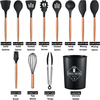 Darziq 12-piece cooking utensils set with spatulas, spoons, and tongs for home and kitchen use, made of heat-resistant materials.