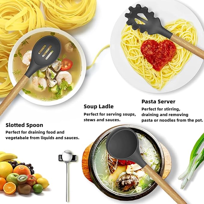 Darziq 12-piece cooking utensils set includes spatulas, spoons, and tongs for home and kitchen use.