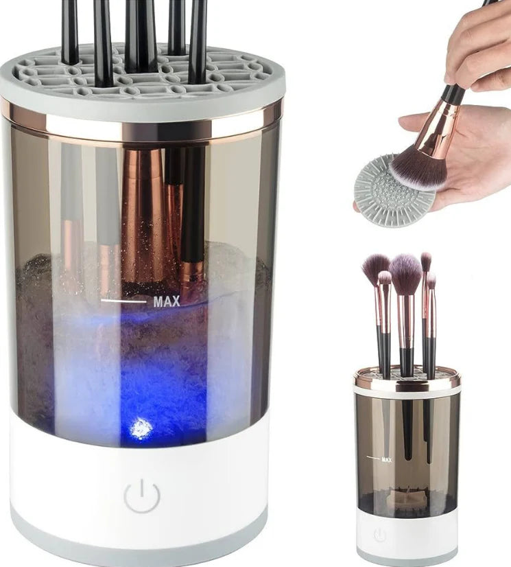 Darziq electric makeup brush cleaner device with control buttons, designed for efficient cleaning of beauty brushes.