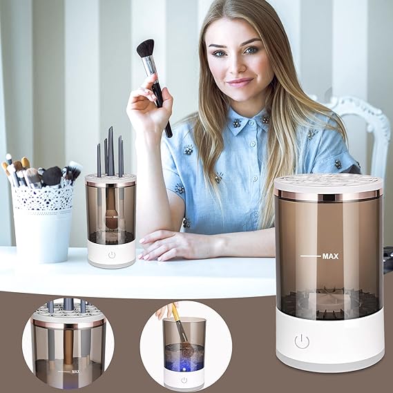 Darziq electric makeup brush cleaner in white with multiple brush attachments for easy, automatic cleaning of beauty brushes.