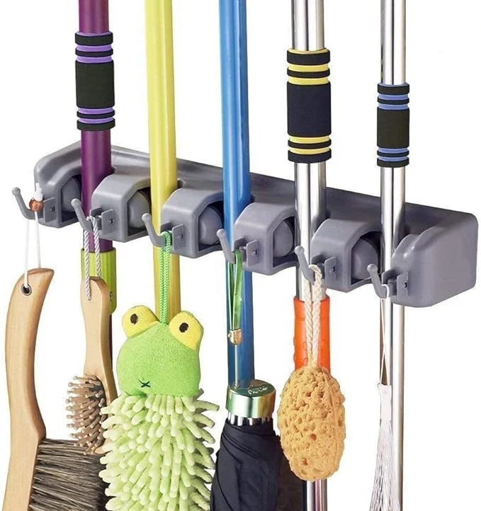 Darziq brooms and toiletries organizer for home and kitchen, with compartments for cleaning tools and bathroom essentials.