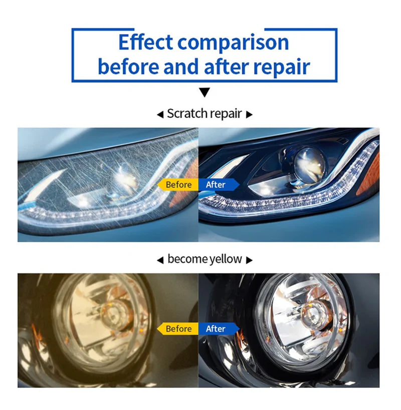 Darziq Car Headlight Renovation Kit showing two clear headlight lenses and tools for restoring brightness and clarity.