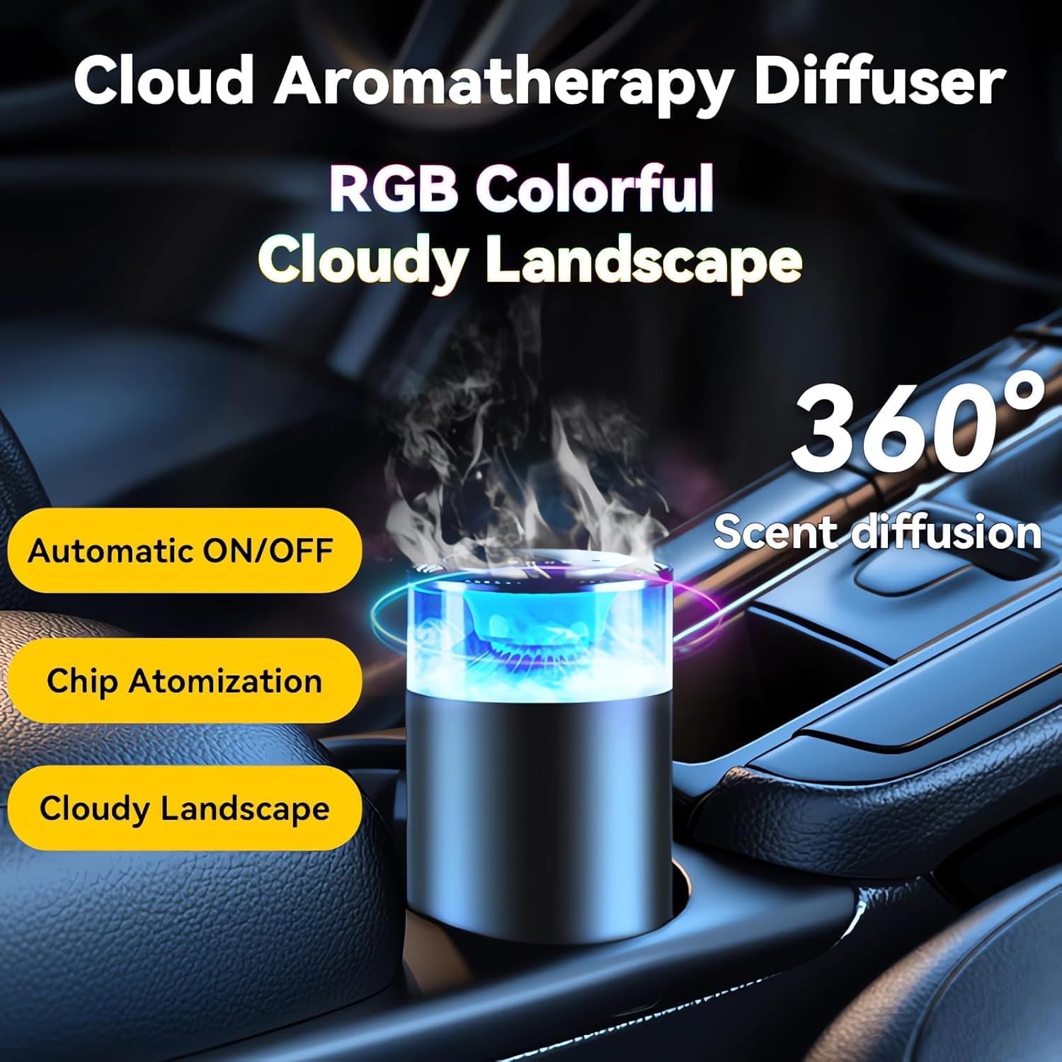 Darziq LED Cloud Mist Aromatherapy Diffuser in a car, showcasing its cloud-shaped design and mist output for calming ambiance.