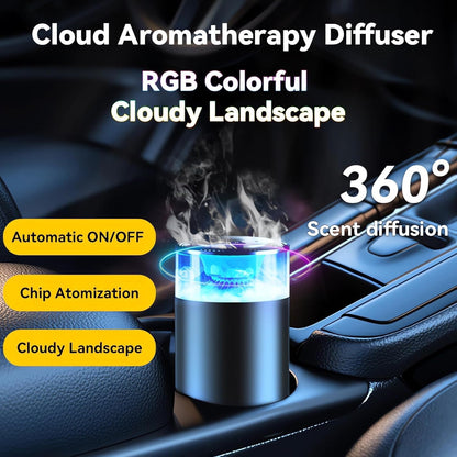 Darziq LED Cloud Mist Aromatherapy Diffuser in a car, showcasing its cloud-shaped design and mist output for calming ambiance.