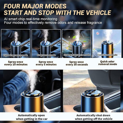Darziq Projection Car Aroma Diffuser mounted on a car dashboard, featuring a sleek design and ambient light projection for vehicle comfort.