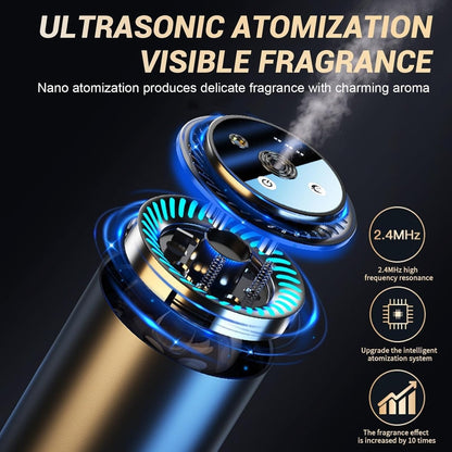 Darziq projection car aroma diffuser in black mounted on car dashboard, emitting mist and light for freshening the vehicle interior.