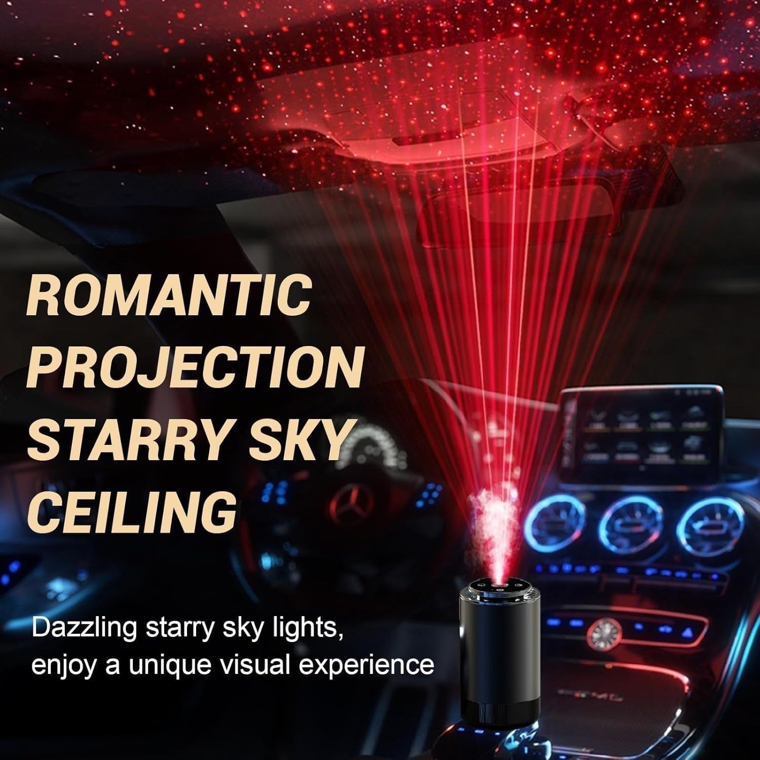 Darziq Projection Car Aroma Diffuser mounted in a car interior, showcasing its sleek design and projection features as a car accessory.