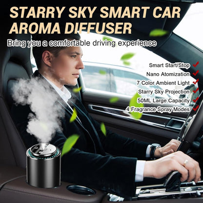 Darziq Projection Car Aroma Diffuser in sleek design, mounted on car vents, releasing aromatic essential oils.