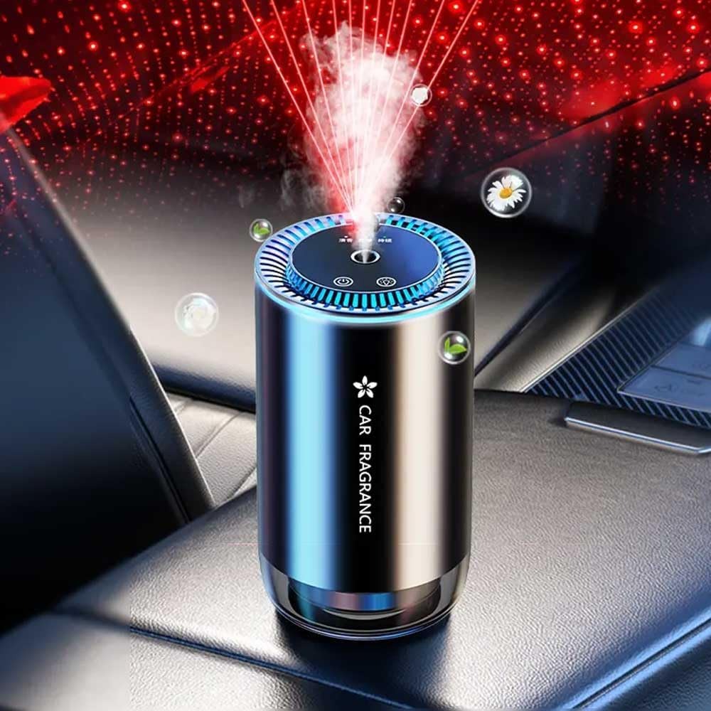 Darziq projection car aroma diffuser with built-in light display, mounted on a vehicle dashboard for freshening and ambiance.