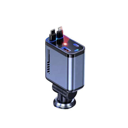 Darziq retractable car charger connected to a vehicle's dashboard, featuring a compact design and USB port for charging devices.