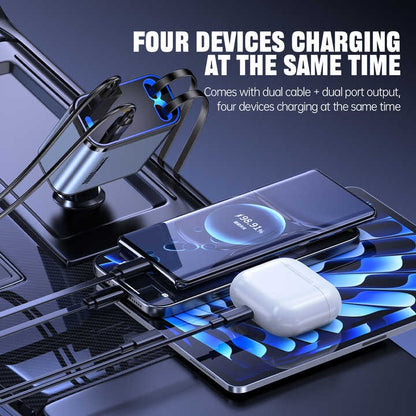 Darziq retractable car charger connected to a vehicle's power outlet, showing its extendable cable and compact design.