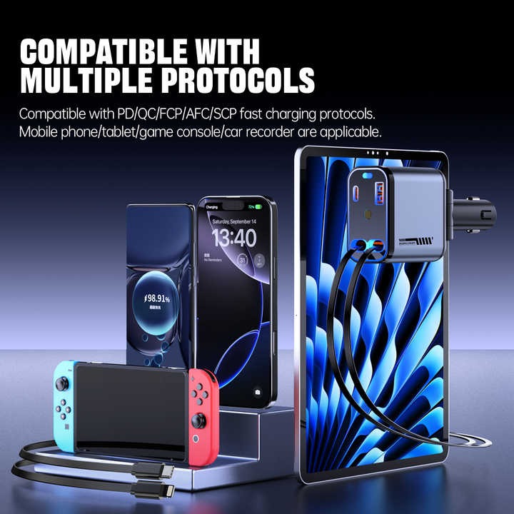 Darziq retractable car charger connected to a vehicle's cigarette lighter port, flexible cord for convenient charging on the go.