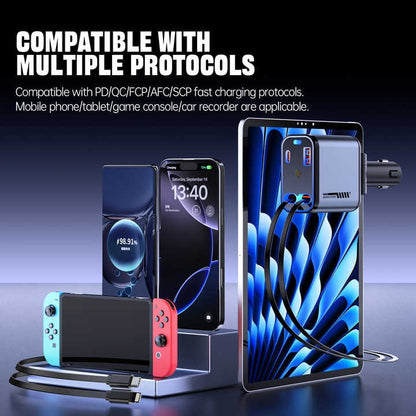 Darziq retractable car charger connected to a vehicle's cigarette lighter port, flexible cord for convenient charging on the go.