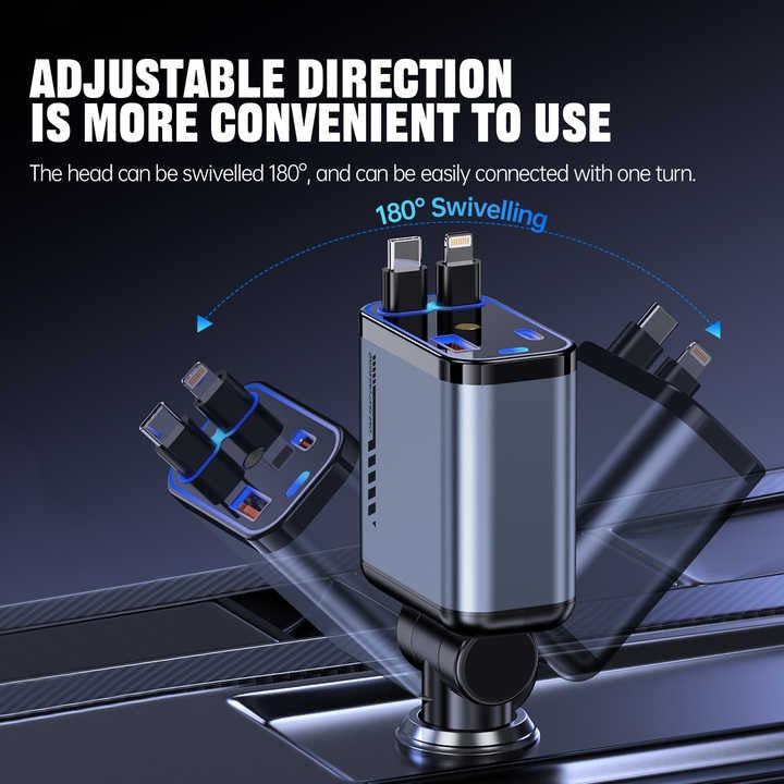 Darziq retractable car charger attached to a vehicle's dashboard, featuring a compact design and USB port for mobile device charging.