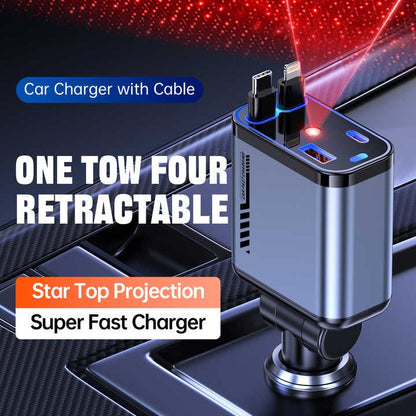 Darziq retractable car charger attached to a vehicle's dashboard, showing its sleek design and retractable cable feature.