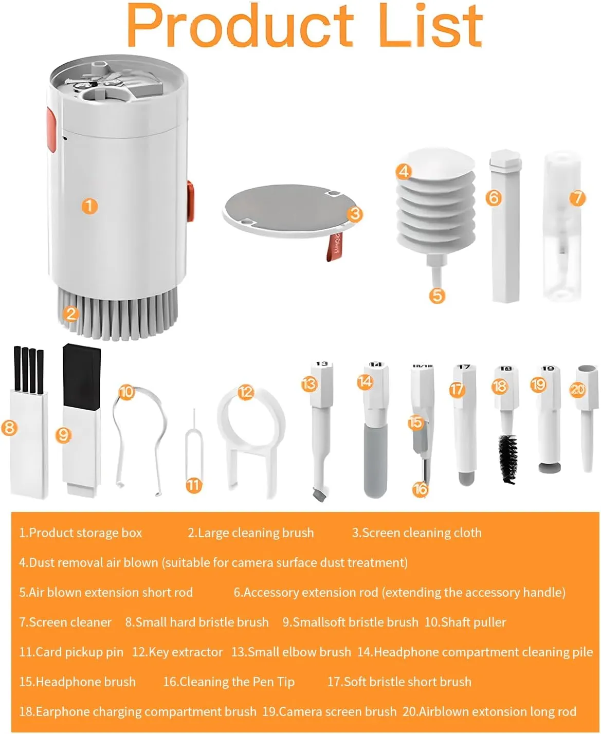 Darziq 20-in-1 electronic cleaning brush kit with various brush heads for gadgets and electronic device cleaning.