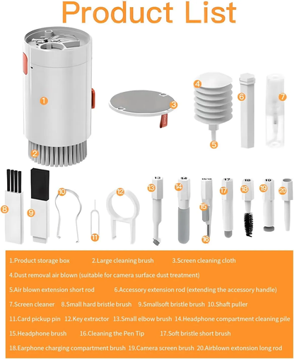 Darziq 20-in-1 electronic cleaning brush kit with various brush heads for gadgets and electronic device cleaning.