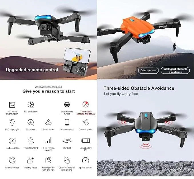Darziq E99 drone camera showing compact design with camera lens and propellers for aerial photography and videography.