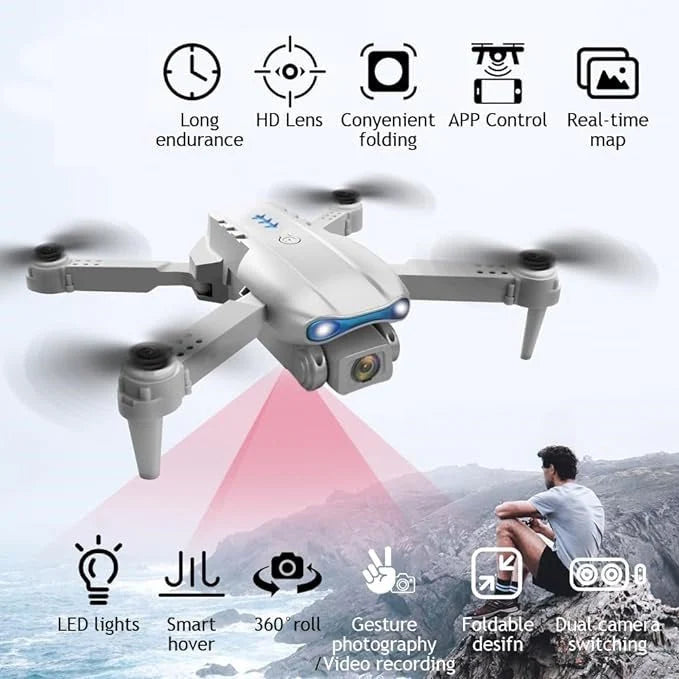 Darziq E99 drone camera with sleek design, capturing aerial footage and images from above in a compact gadget.