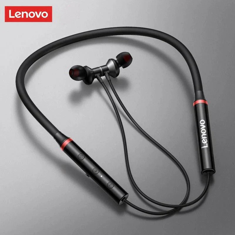 Lenovo hanging neckband wireless headphones by Darziq, with sleek design and adjustable fit, shown resting around the neck.