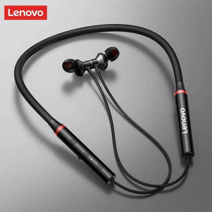 Lenovo hanging neckband wireless headphones by Darziq, with sleek design and adjustable fit, shown resting around the neck.