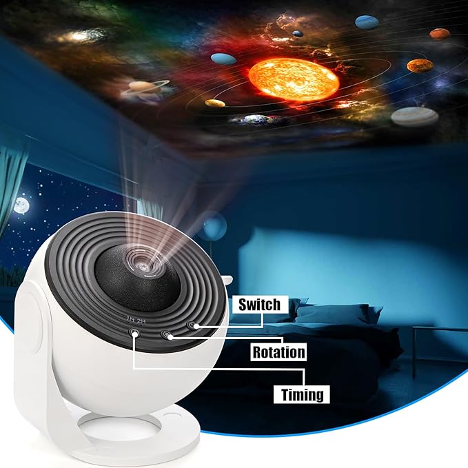 Darziq planetarium projector night light displaying star and galaxy patterns on a wall in a dark room.