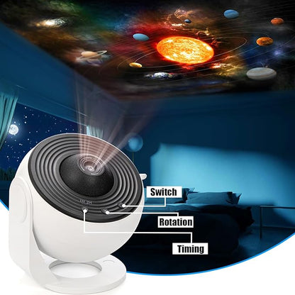 Darziq planetarium projector night light displaying star and galaxy patterns on a wall in a dark room.