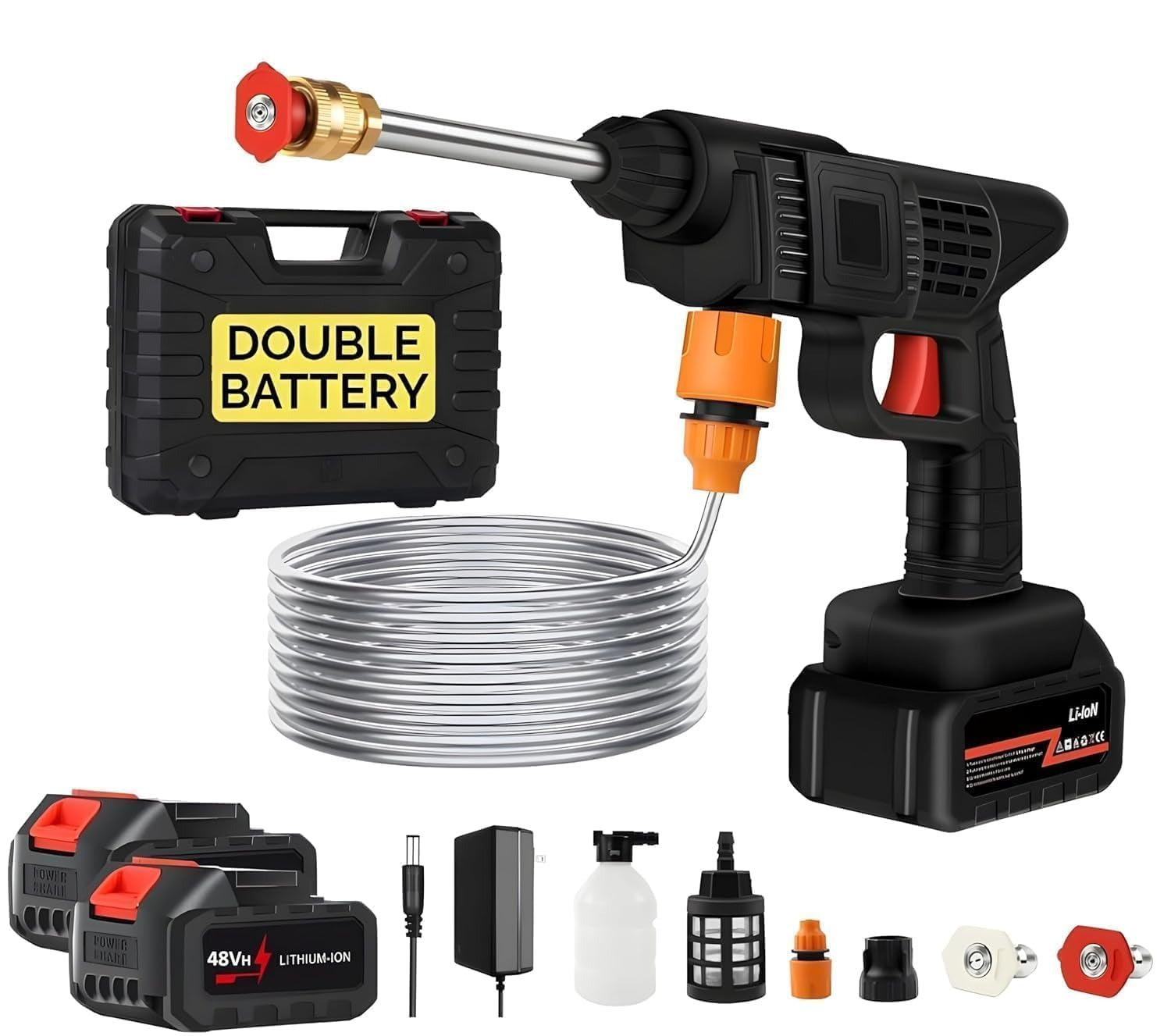 Darziq pressure washer for car with double battery, compact gadget for powerful outdoor cleaning and vehicle washing.