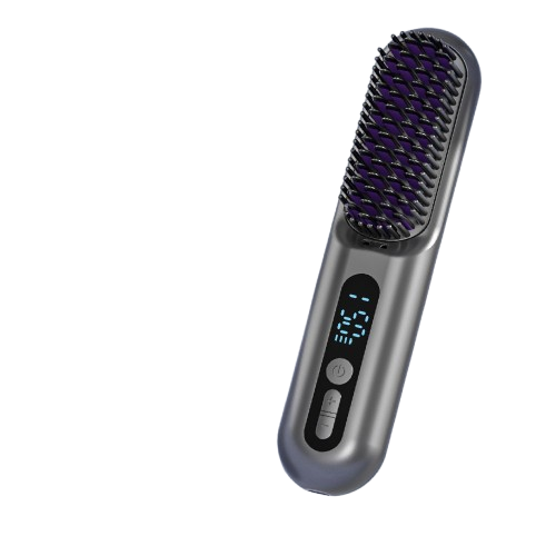 Beige Darziq 2-in-1 cordless hair straightener brush, showing the sleek design and wide ceramic bristle surface for styling.