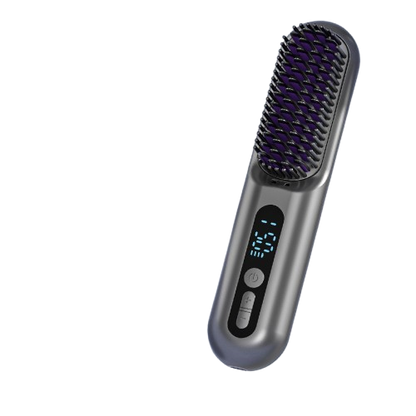 Beige Darziq 2-in-1 cordless hair straightener brush, showing the sleek design and wide ceramic bristle surface for styling.