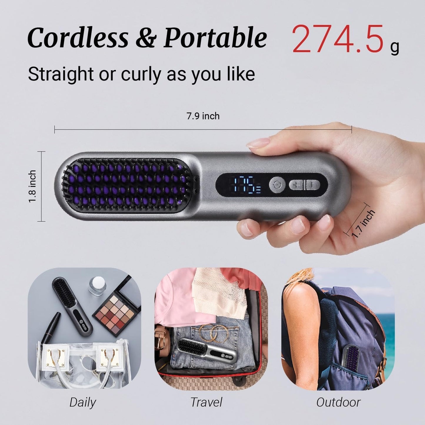 Beige Darziq 2-in-1 cordless hair straightener brush with ceramic plates for smooth, styled hair, designed for easy hair styling.