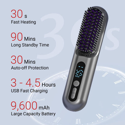 Beige Darziq 2-in-1 cordless hair straightener brush for styling and straightening hair, shown plugged in on a white background.