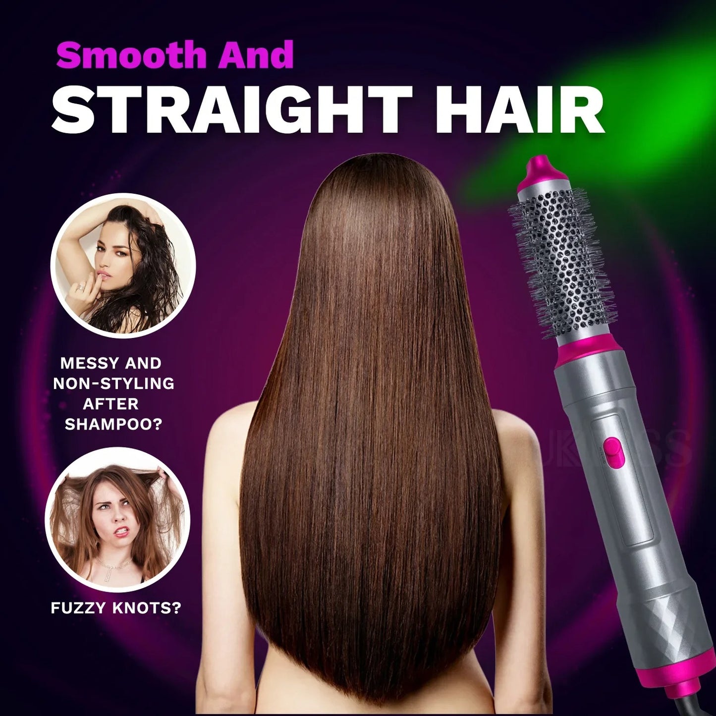 Darziq 5-in-1 Hair Dryer Brush in black showing the multifunctional styling tool with detachable brush attachments.