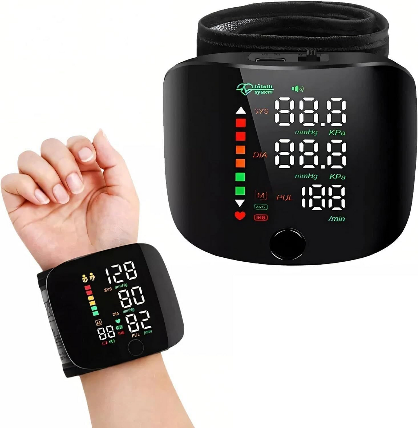 Darziq automatic wrist blood pressure monitor showing a user wearing the device on their wrist for health measurement.