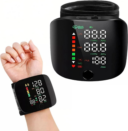 Darziq automatic wrist blood pressure monitor showing a user wearing the device on their wrist for health measurement.