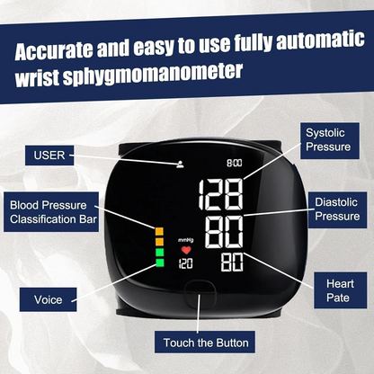 Darziq automatic wrist blood pressure monitor showing digital display and cuff for quick, accurate blood pressure readings.