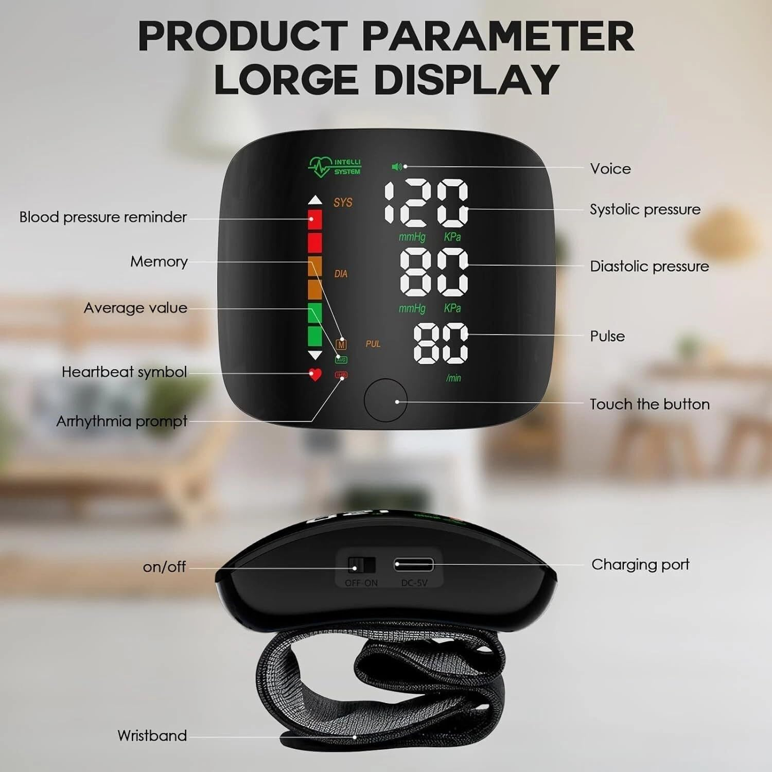 Darziq automatic wrist blood pressure monitor displaying digital readings on a user’s wrist for health and wellness monitoring.