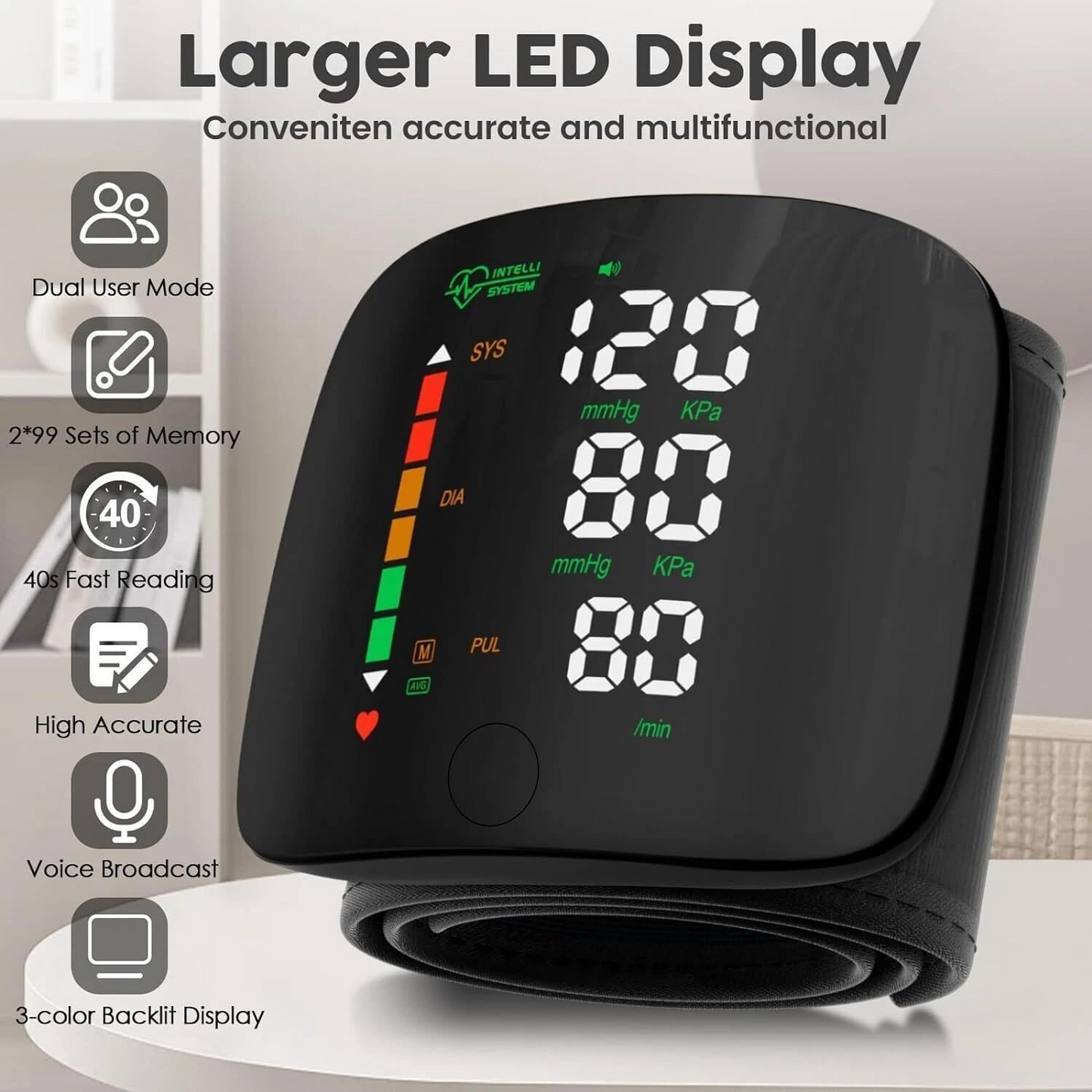 Darziq automatic wrist blood pressure monitor showing cuff wrapped around wrist and digital display screen.