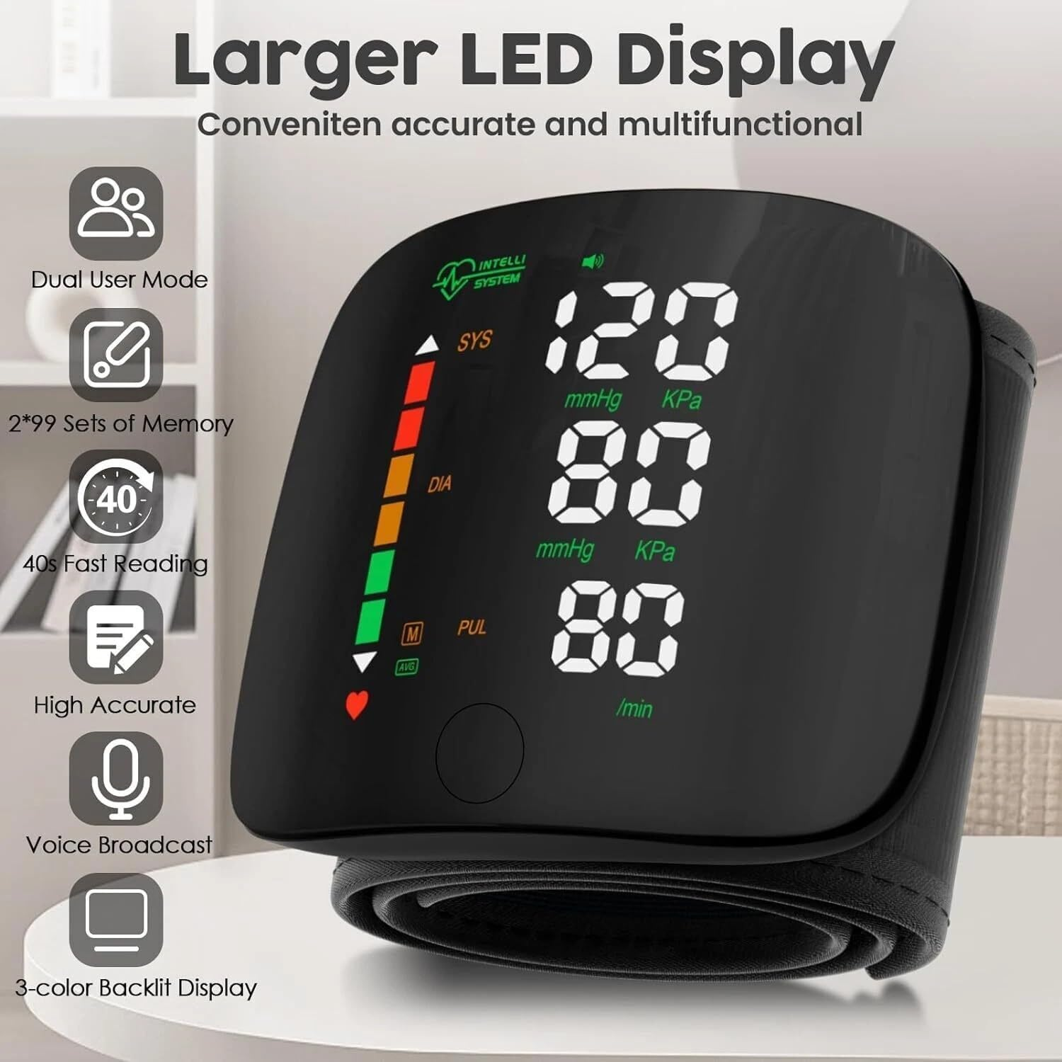 Darziq automatic wrist blood pressure monitor showing cuff wrapped around wrist and digital display screen.