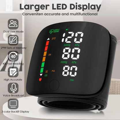 Darziq automatic wrist blood pressure monitor showing cuff wrapped around wrist and digital display screen.