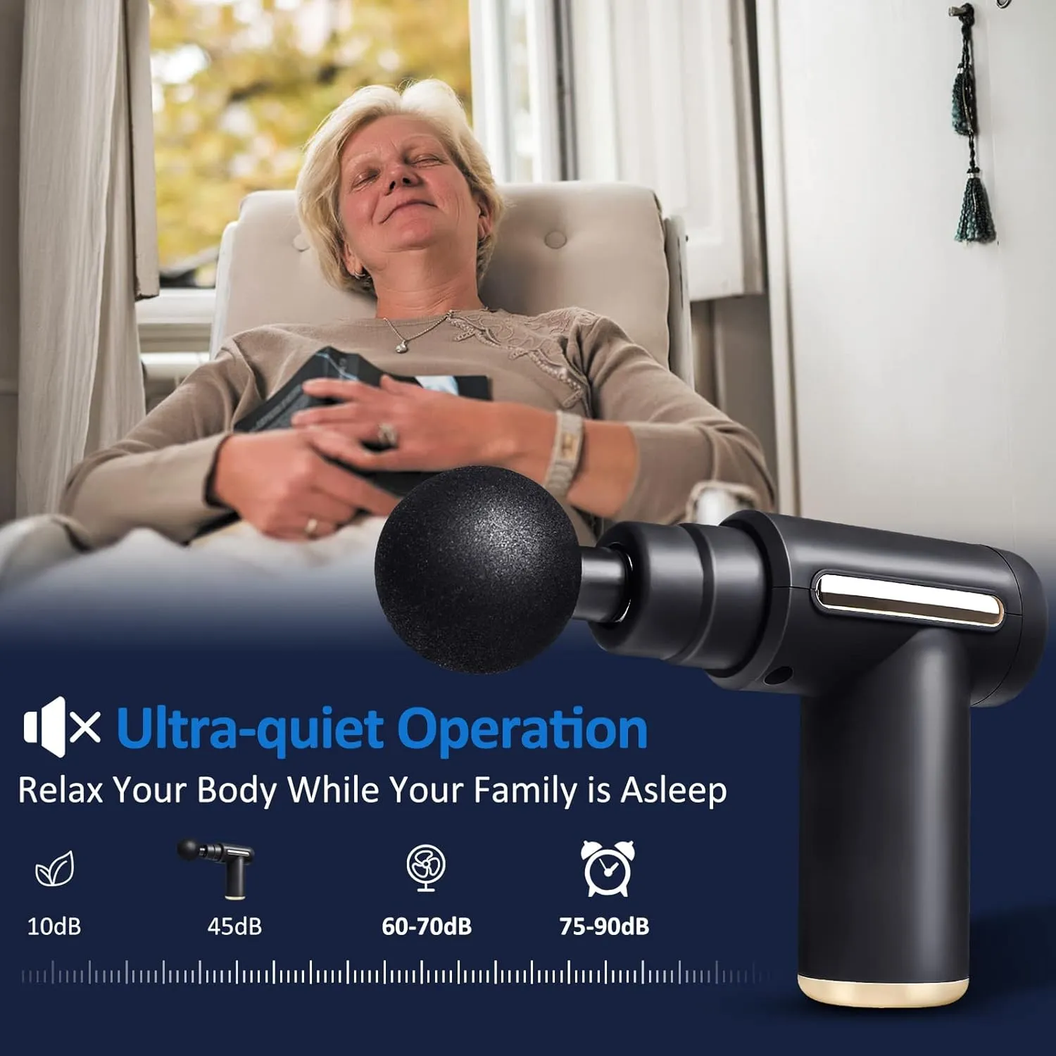 Darziq Mini Massage Gun in black with ergonomic handle, showing its compact design and massage head for muscle relief.