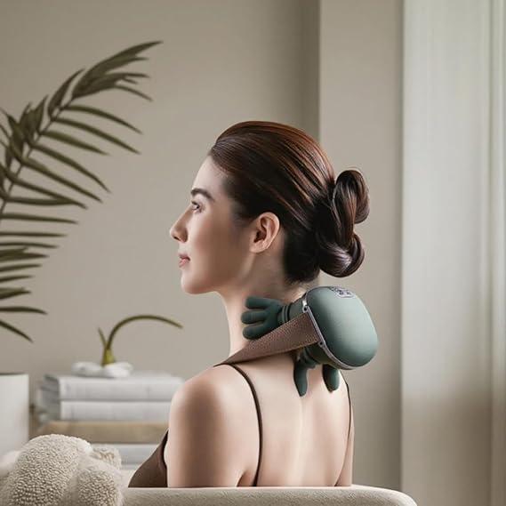 Portable Darziq bionic heated neck and back massager for relief, showing its compact design and adjustable straps.